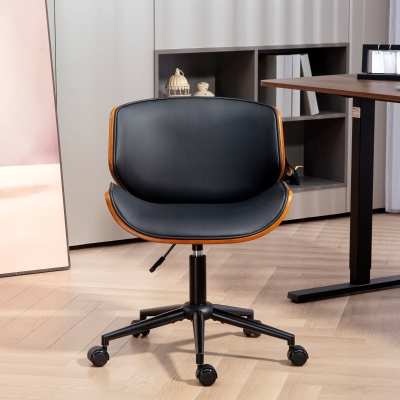 HOMCOM Cadeira de Escritório sem Braços Cadeira de Secretária Vintage Giratória Estofada em PU Altura Ajustável 52x54x74-84 cm Preto e Madeira