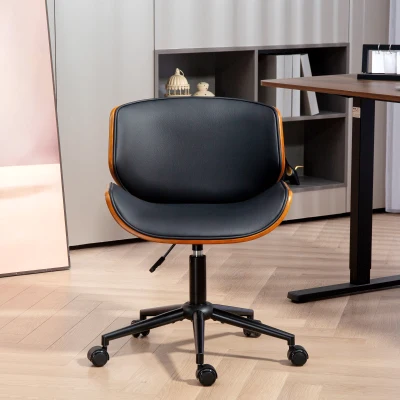 HOMCOM Cadeira de Escritório sem Braços Cadeira de Secretária Vintage Giratória Estofada em PU Altura Ajustável 52x54x74-84 cm Preto e Madeira