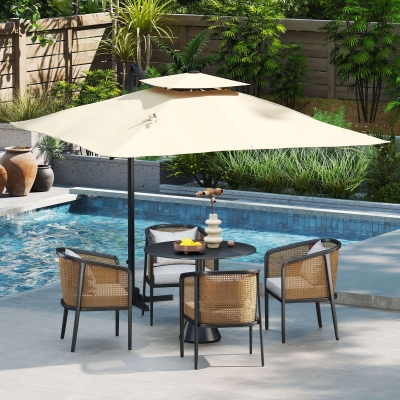 Outsunny Sombrilla de Jardín 300x300 cm Parasol de Aluminio con Manivela Poste Giratorio 360° Doble Techo Inclinable Caqui
