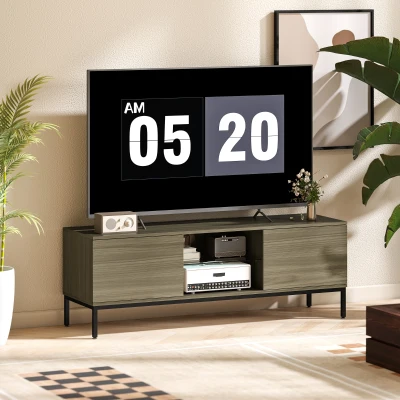 HOMCOM Móvel TV para Sala de Estar com 2 Compartimentos Abertos  Prateleira de Vidro Ajustável para Televisão até 60 Polegadas 140x40x49,5 cm Madeira