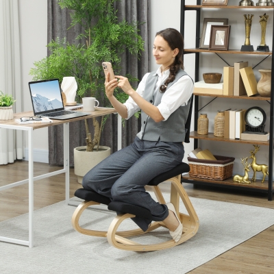 HOMCOM Silla Ergonómica de Rodillas con Movimiento de Balanceo en Tela de Efecto Lino y Madera de Abedul, 51x84x93 cm, Negro