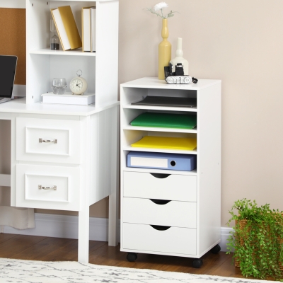 Vinsetto Chariot Bureau Bois MDF 4 Roues 3 Tiroirs Blanc