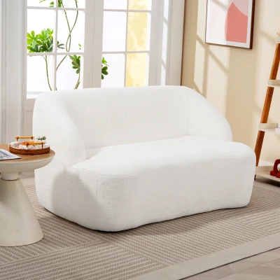 HOMCOM Sofá de 2 Lugares Estofado em Borreguito Sofá de Sala de Estar com Desenho Curvo e Acolchoamento Grosso142x85x73,5 cm Creme