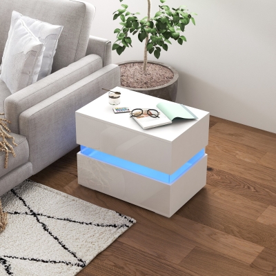 HOMCOM Table de Chevet LED RGB 2 Tiroirs 16 Couleurs Blanc