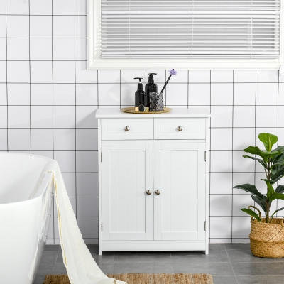 kleankin Meuble Salle de Bains Bois Blanc 2 Portes 2 Tiroirs 60x75cm