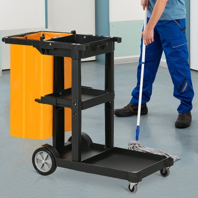 HOMCOM Chariot Nettoyage 3 Étagères avec Sac 100L Noir/Jaune