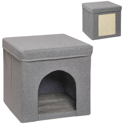 PawHut Casa para Gatos con Tablero de Rascar y Puerta para Interior 36,5x36,5x36,5 cm Gris