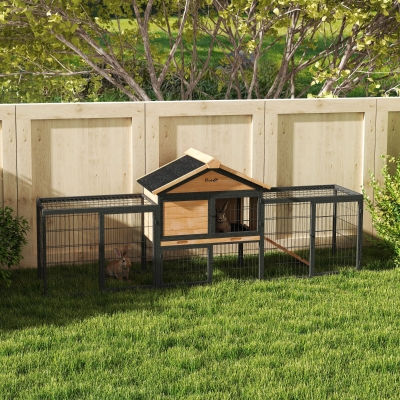 PawHut Clapier 2 étages en bois massif résistant aux intempéries maison à deux étages avec enclos 217x53x86 cm jaune