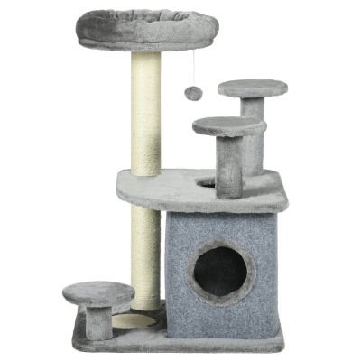 PawHut Arbre à Chat Gris 92cm avec Transat et Maison