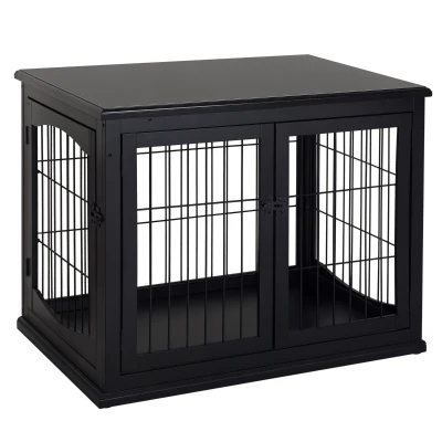 PawHut Cage pour chien animaux meuble cage chien intérieur en bois MDF classe E1 3 portes verrouillables max. 30 Kg dim. 81L x 58l x 66H cm noir