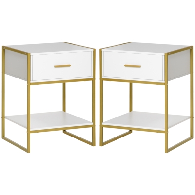 HOMCOM Tables de Chevet Modernes 2pcs MDF/Acier Blanc Or 45x40x60cm