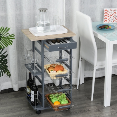 HOMCOM Chariot Cuisine Gris Foncé 1 Tiroir 4 Paniers Métal
