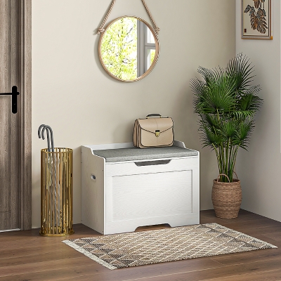 HOMCOM Banc Coffre 103L Bois Coussin Tissu 75x40x56cm Blanc