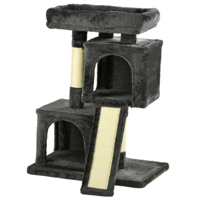 PawHut Arbre à Chat Compact avec Grottes et Panneau à Griffes – Gris foncé