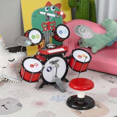 HOMCOM Batterie Enfant avec Instruments et Microphone Rouge