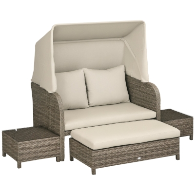 Outsunny Salon Jardin 4Pcs Canapé+Repose-Pieds+Tables Beige