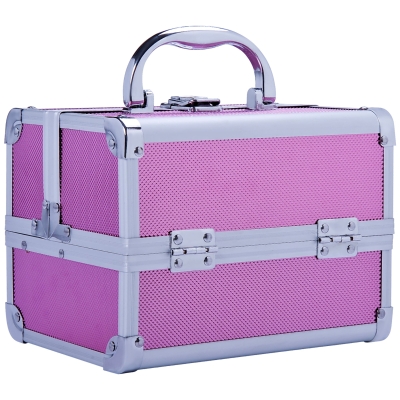 HOMCOM Maletín Maquillaje Profesional Estuche de Cosmético Portátil con Bandejas de 3 Niveles y Espejo 2 Llaves para Joyero Manicura Viaje 20x15x15 cm Rosa