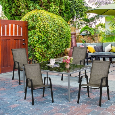 Outsunny Ensemble 4 Chaises Extérieur Métal Tissu Marron Empilables