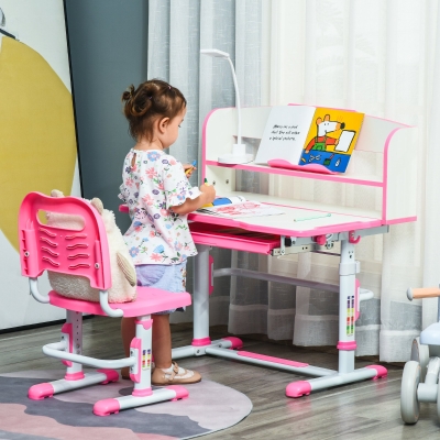 HOMCOM Bureau Enfant Réglable LED MDF Acier Rose