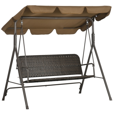 Outsunny Banco Baloiço de Jardim com Toldo Ajustável Assento em Vime PE e Apoio para os Braços 167x112x153 cm Marrom
