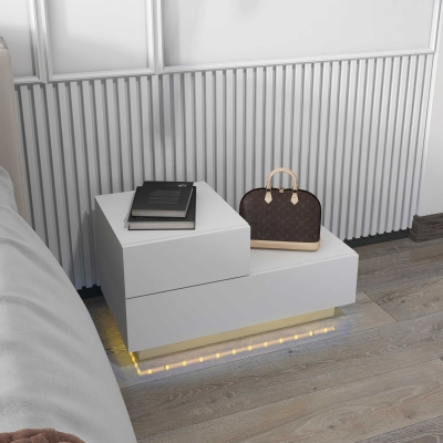 HOMCOM Table de Chevet LED RGB Moderne 2 Tiroirs Blanc 70x37x38cm