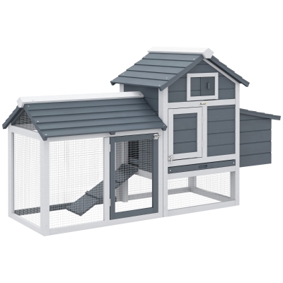 PawHut Jaula para Gallineras con 2 Corrales de Alambre Techo Abrible Caja Nido Bandeja Extraíble y Rampa 150,5x54x87 cm Gris