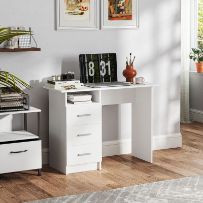 HOMCOM Bureau Moderne Bois 3 Tiroirs Étagère 100x40x75cm Blanc Marron