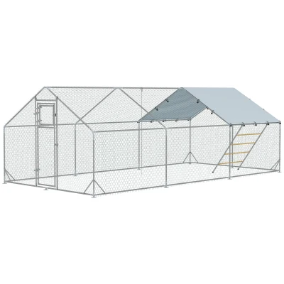 PawHut Poulailler, Enclos pour Poules, avec Couverture UV, Grillage en Acier, Distributeur d’Aliments, pour 18-24 Poules