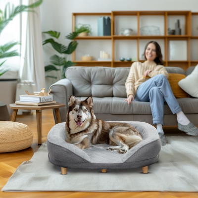 PawHut Lit Chien 25kg Revêtement Amovible Pieds Antidérapants Gris