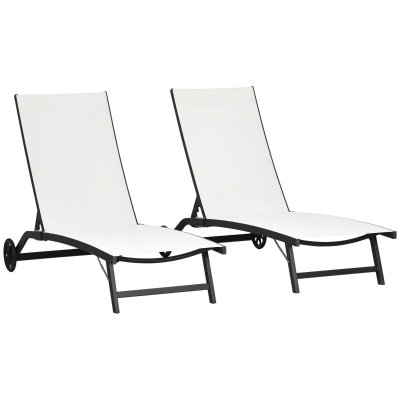 Outsunny Juego de 2 Tumbonas Reclinables de Jardín de Aluminio con Respaldo Ajustable y Ruedas 165x66x102 cm Blanco Mate