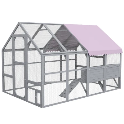 PawHut Poulailler en bois, Résistant aux intempéries, 280 x 185,5 x 188 cm, Gris