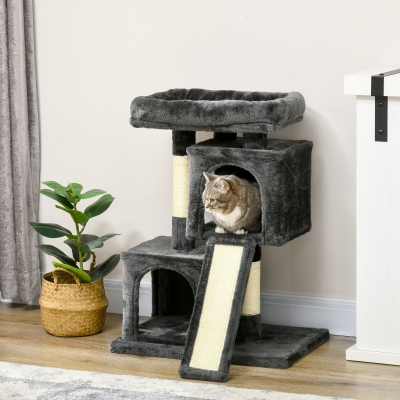 PawHut Arbre à Chat Compact Gris Foncé avec Grottes