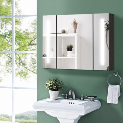 Kleankin Armoire Salle de Bain MDF Noir avec Miroir et LED 90cm