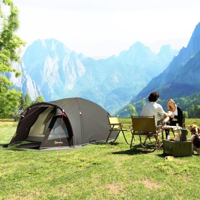 Outsunny Tente à Tunnel pour 2-4 Personnes avec Fenêtres Latérales et Crochet, en Polyester 190T et PE, 3,3x1,9x1,2 m, Noir