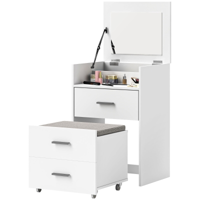 HOMCOM Coiffeuse Bois Blanc avec Miroir, 2 Tiroirs et Tabouret