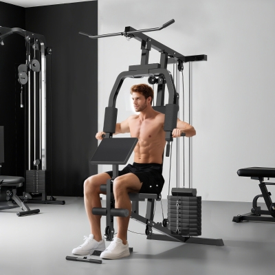 HOMCOM Multiestación Máquina de Musculación con Estribo para Piernas Poleas y Placas de Peso de 45 kg para Entrenamiento Fitness en Hogar Gimnasio 148x108x207 cm Negro