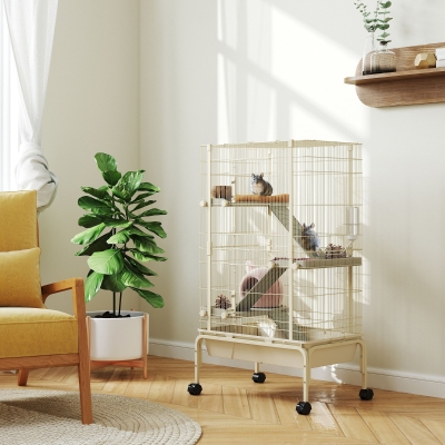 PawHut Cage à Rongeurs 4 Étages 88x48x150,5cm Beige