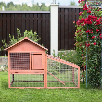 PawHut Enclos pour petits animaux avec toit en asphalte, zone extérieure, deux étages, bois de pin, naturel, 144 x 64,5 x 100 cm