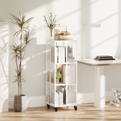 HOMCOM Bibliothèque Moderne 3 Niveaux Métal avec Roulettes Blanc