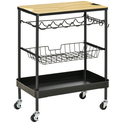 HOMCOM Carro de Cocina con Ruedas Carrito de Servicio Multiuso con Botellero Cesta Extraíble Bandeja y 4 Ganchos para Comedor Salón 60,5x35,5x75 cm Negro y Roble