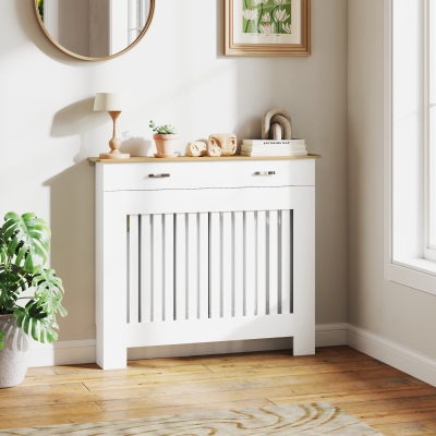HOMCOM Cache-radiateur Bois avec Tiroir 112x19x97 cm Blanc