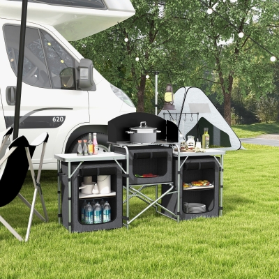 Outsunny Cuisine de Camping Pliante à 3 Étages avec 5 Étagères Intérieures et 4 Crochets, 172x48x119 cm, Noir
