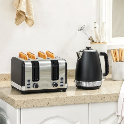 HOMCOM Stainless Steel Kettle & 4-Slice Toaster Set Black