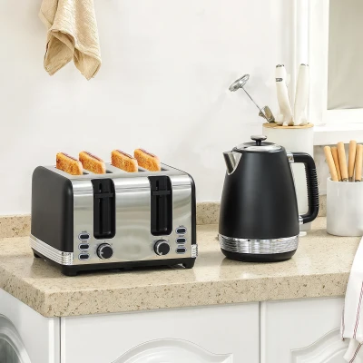 HOMCOM Stainless Steel Kettle & 4-Slice Toaster Set Black