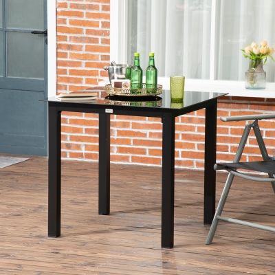 Outsunny Masă de grădină pătrată pentru 4 persoane cu blat din sticlă securizată și cadru din aluminiu 80 x 80 x 74 cm negru