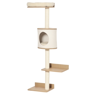 PawHut Árbol para Gatos de Pared 38x30x149 cm con Múltiples Plataformas de Madera Cueva Cama Superior Cojín Extraíble Postes Rascadores de Sisal Torre para Escalar Beige y Roble