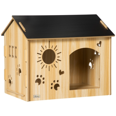 PawHut Caseta de Madera para Perros Pequeños Caseta de Interior para Mascotas con Grabados de Formas 69x50x58,5 cm Roble