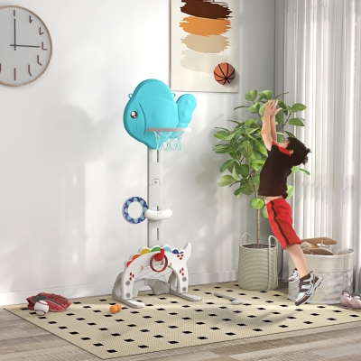 AIYAPLAY Panier de basket-ball pour enfants 5 en 1 hauteur réglable but de football balle de golf lancer d'anneaux bleu et gris