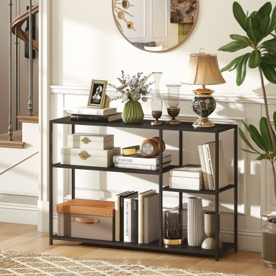 HOMCOM Consolă meuble îngustă cu 4 nivele stil industrial cadru din oțel, 110 x 30 x 75 cm, negru
