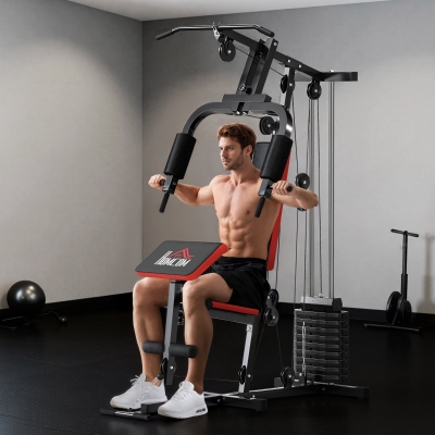HOMCOM Máquina de Musculación con Placas de Peso de 65 kg Carga Max. 100 kg para Entrenamiento Fitness en Hogar Negro y Rojo
